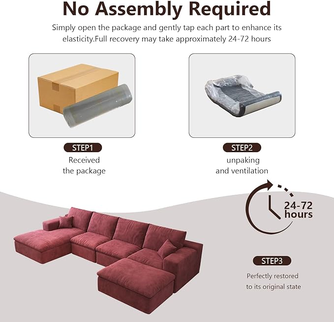 136.6'' U-Shaped Modern Modular Sectional Cloud Couch Whit Ottoman 4-Seat Chenille Deep-Seat Sofa with Pillow for Living Room Bedroom Apartment Wine Red