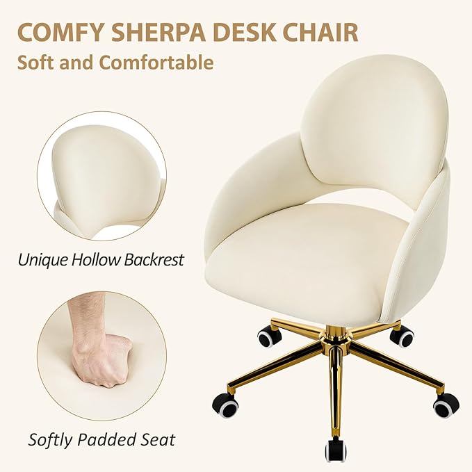 Furniliving Vanity Chair with Wheels Cute Upholstered Office Chair with Hollow-Out Back Height Adjustable Rockable Accent Chair with Gold Metal Base for Bedroom Makeup Room or Living Room (White)