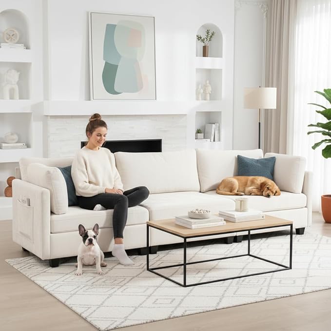 111 Sofas for Living Room 3 Seater Couch with 2 Pillows Modern Comfy Chenille Couches with Storage Bag Deep Seat Sofa for Apartment Small Space Beige