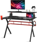 POWERSTONE Gaming Desk - Ergonomic Gaming Computer Desk with Gaming Handle Rack Cup &amp Speaker Holder Monitor Shelf Headphone Hook Curved Front Desktop Writing Workstation for Home Office 47.5”