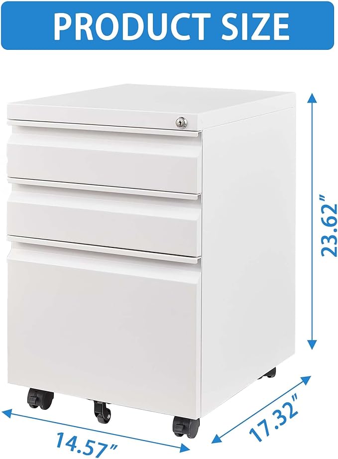 White 3 Drawer Small File Cabinet with Lock Rolling Under Desk File Cabinet Metal Already Assembled File Cabinets Vertical Printer Stand Unit for Small Space Legal/Letter/a4 Size (White)