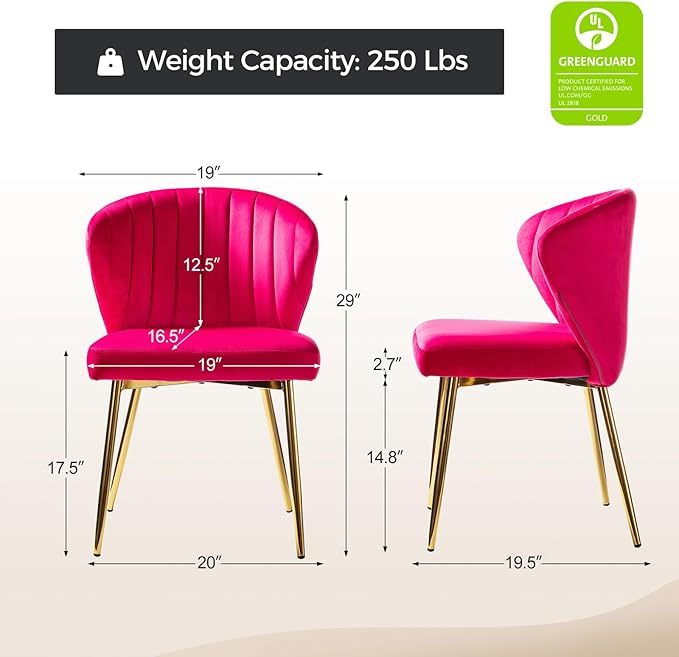 HULALA HOME Velvet Dining Chairs Modern Small Armless Accent Chair with Gold Metal Legs Living Room Upholstered Cute Side Chair Elegant Tufted Back Vanity Chair for Bedroom/Beauty Room-Fuchsia