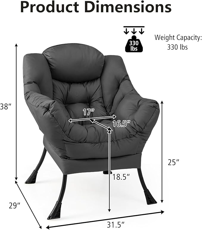 GORELAX Modern Lazy ChairUpholstered Lounge Accent Chair Single Leisure Sofa Chair with Armrests &amp Side Pocket Comfy Reading Chair for Bedroom Living Room Dorm Room (Grey)