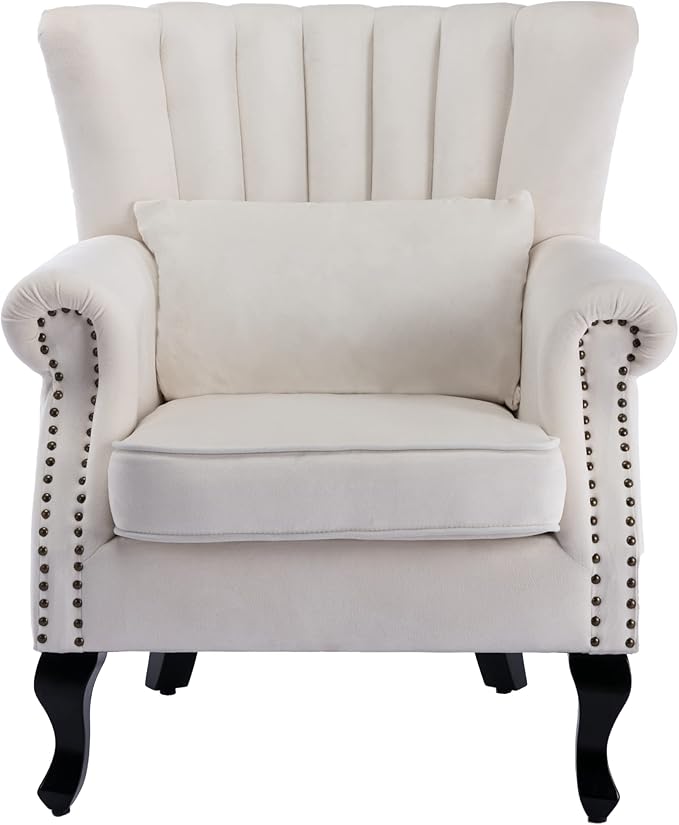 chairus Mid-Century Modern Accent Chair Comfy Single Sofa Chair Channel Back Armchair with Small Pillow for Living Roon Bedroom Club - Velvet Cream