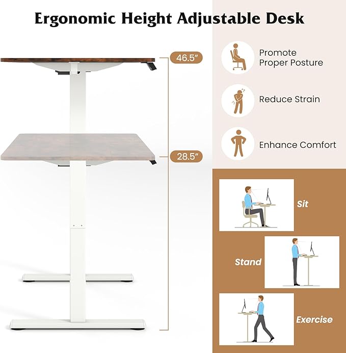 Giantex Electric Standing Desk 48 x 24 Height Adjustable Sit Stand Computer Workstation with 2 Memory Heights Headphone Hook Anti-Collision Design Home Office Computer Desk (Rustic Brown+White)