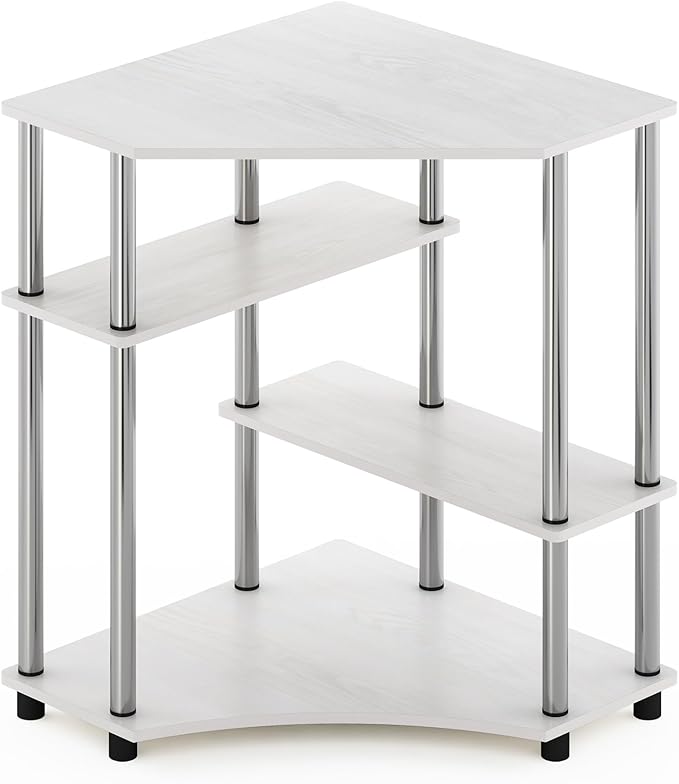Furinno TURN-N-TUBE Desk Corner Gaming Desk with Storage Shelves Corner Computer Desk Office Desk for Home Office Bedroom White Oak/Stainless Steel Tubes