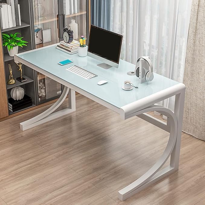 LITFAD Modern Office Desk Tempered Glass Desktop Computer Desk Home Office Study Desk with Metal Legs - 47.2 L x 23.6 W x 29.5 H White Base &amp White Table Top Without Chairs
