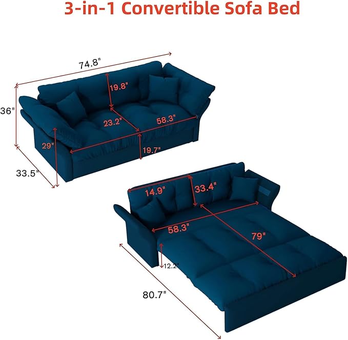 74.8 Queen Pull Out Sofa Bed 3-in-1 Convertible Sleeper Sofa Velvet Small Loveseat for Small Spaces Comfy Cloud Pullout Couches Multi-Functional Couches for Living Room Apartment (Blue)
