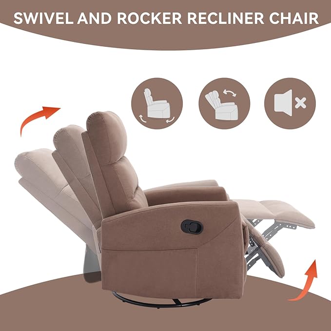 Swivel Rocking Recliner Chair Upholstered Glider Rocker with Adjustable Backrest and Footrest Modern Rocking Chair for Adults with 2 Pockets for Nursery Lounge Bedroom Living Room (Brown)