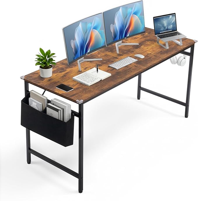 VINGLI 63 Inch Computer Office Modern Simple Gaming Desk with Side Fabric Drawer &amp Hook Up Wear-Resistant Surface Writing Desk Work Desk for Bedroom Living Room Rustic Brown