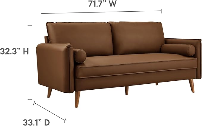 Modway Revive 72 Inch Faux Leather Sofa in Brown – 3 Seater PU Leather Couch with Cozy Wide Seats - Mid-Century Modern Upholstered Sofa for Living Room or Office