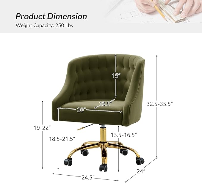 TINA'S HOME Velvet Home Office Chair with Gold Base Comfortable Modern Cute Desk Chair Adjustable Swivel Task Chair for Living Room Bedroom Vanity Study Moss