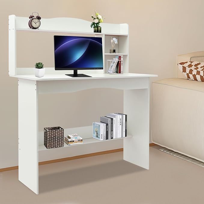 Computer Desk with Hutch - 40 Home Office Desk with Bookshelf &amp Lower Storage Shelf for Studying Gaming Table Computer Desk and Small Spaces (White)