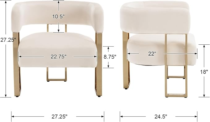 Modern Barrel Accent Chairs Set of 2 Living Room Side Chairs with Golden Metal Legs Soft Velvet Upholstered Reading Armchairs for Bedroom/Reception Room/Lounge/Office Ivory