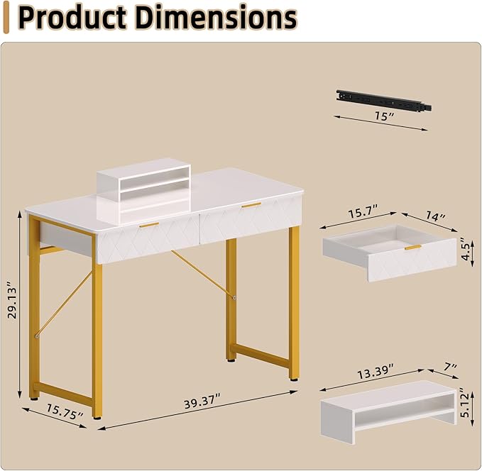 WESTREE 40 White and Gold Desk with 2 Drawers and Storage Shelf Modern Makeup Vanity with Glossy Desktop Gold Metal Frame Writing Desk for Bedroom or Home Office No Mirror