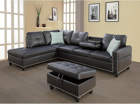 Sophisticated Simplicity Sectional Sofa with Ottoman Living Room Set Left Facing Chaise 2 Cup Holders 2 Throw Pillows Tufted Back and Seat - 99.5 D x 67 W x 32 H Black