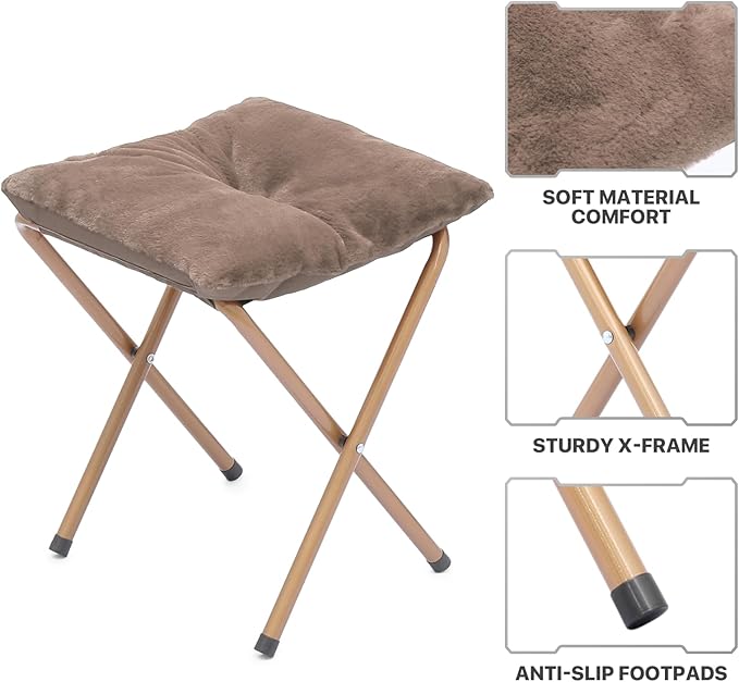 MoNiBloom Square Folding Faux Fur Saucer Chair for Bedroom Living Room Dorm Foldable Metal Frame Oversized Large Comfy Furry Padded Soft Cozy Moon Chair with Footrest Ottoman for Adults (Beige 2 Set)