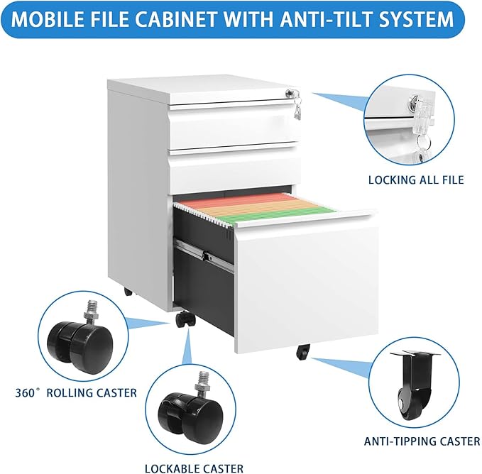 3 Drawer Metal File Cabinet with Lock Under Desk Filing Cabinet with Wheels Rolling for Home Office Fit A4/Letter/Legal File Fully Assembled White