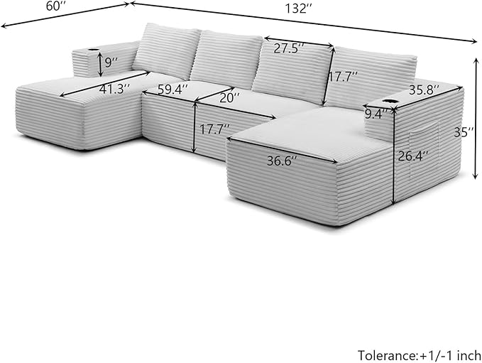 132 Modular Sectional Sleeper Sofa Boneless Cloud Couch for Living Room U Shaped 5 Seat Sofa with 2 Cup Holders Free Combination No Assembly Required (Beige)