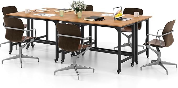 Giantex 8FT Conference Table 4 PCS 48 Rectangular Mobile Meeting Room Desk w/Removable Storage Bag &amp 2 Hanging Hooks Rolling Modern Seminar Boardroom Table for Office Conference Room Natural