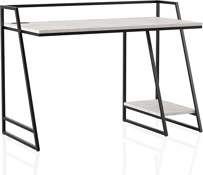 24/7 Shop at Home Kestrel Industrial 1 Shelf Metal Writing Desk with USB Port Power Outlet for Workstation Home Office Study Room Antique White and Matte Black
