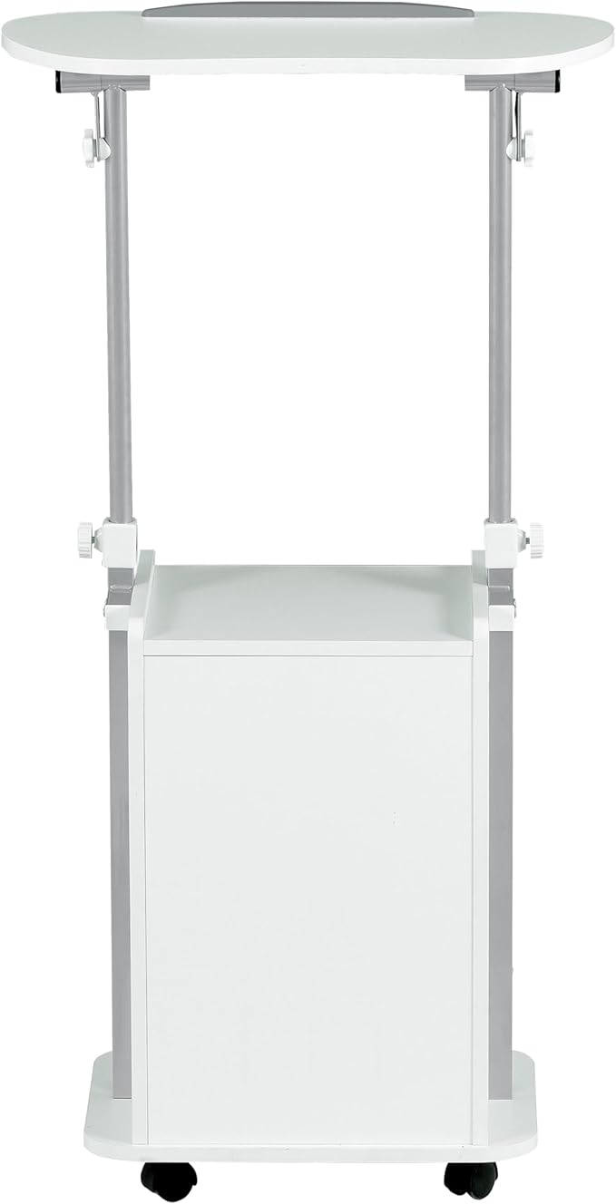 Techni Mobili Adjustable Laptop Cart with Storage Rolling Mobile Workstation Desk with Cabinet Shelf &amp Locking Wheels. Height Adjustable Sit to Stand for Home Office Bedside or Classroom (Whit
