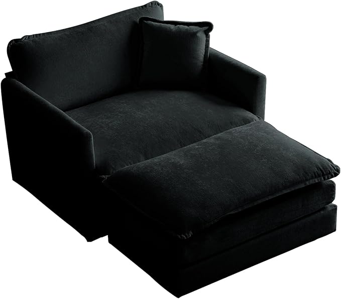 KIVENJAJA 41.4”W Oversized Sofa Chair with Ottoman Modern Chenille Deep Seat Single Couch Armchair Comfy Chaise Lounge Indoor with Pillow for Living Room Bedroom Apartment Black