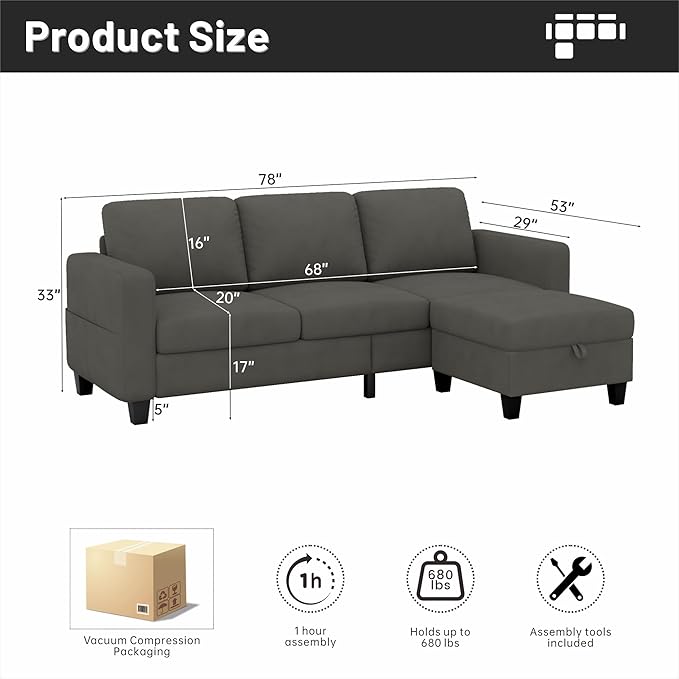 Youmumeub Sectional Couches for Living Room - Convertible Sofa and Storage Bench79''Modern Corner ConfigurationSuitable for Living Room Apartment Bedroom and Office-Blue-Gray | Washable Covers Mo