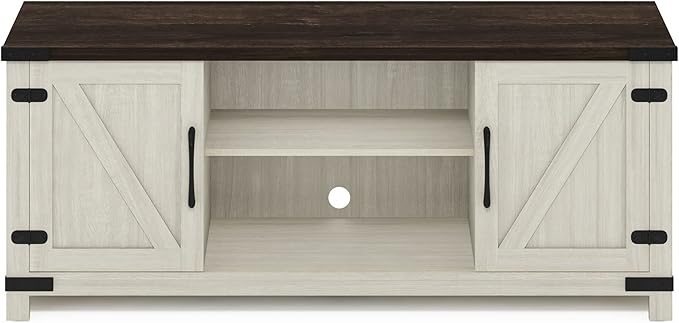 Furinno Jensen Farmhouse Barn Door Living Room TV Stand with Storage Cabinets for TV up to 70 Inch Ebony/White Wash