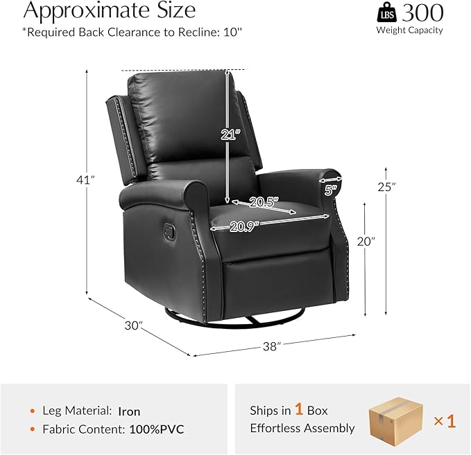HULALA HOME Faux Leather Swivel Rocker Recliner with Adjustable Backrest and Footrest Push Back Recliner Chair with Nailhead Trim 360° Swivel Glider Rocking Chair for Living Room Bedroom Black