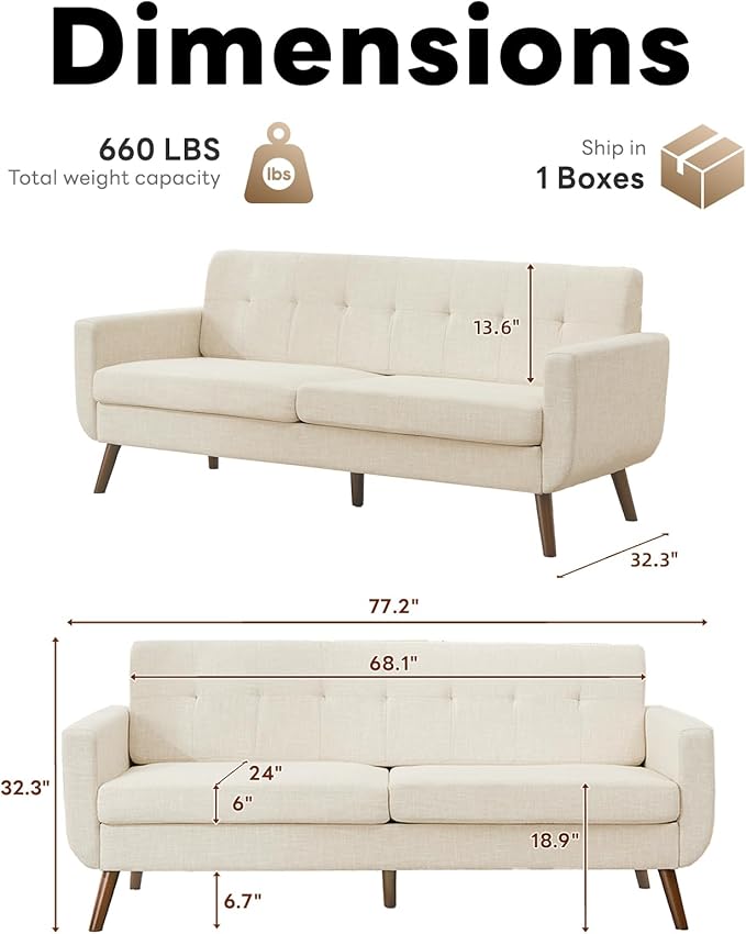 Tbfit 77.2 W Linen Sofa Couch Mid Century Modern Decor Loveseat Couches for Living Room Button Tufted Upholstered Small Couch for Bedroom Solid and Easy to Install Love Seats Furniture Beige | l