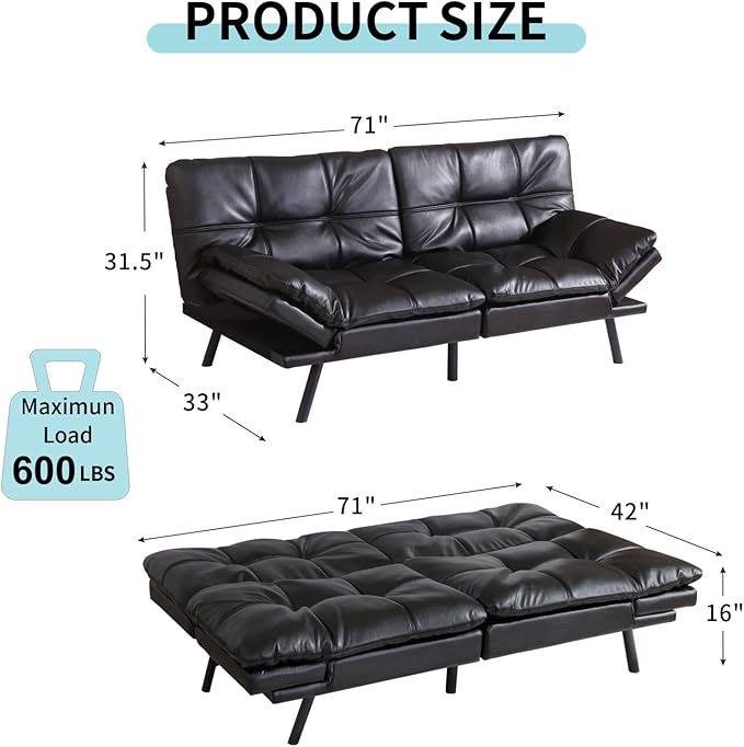 MUUEGM Futon Sofa Bed CouchConvertible Futon Sofa CouchLoveseat Sleeper Sofa BedModern Sofa Bed for Living RoomOfficeApartment71″Fabric Futon Couch with Adjustable BackrestJet Black