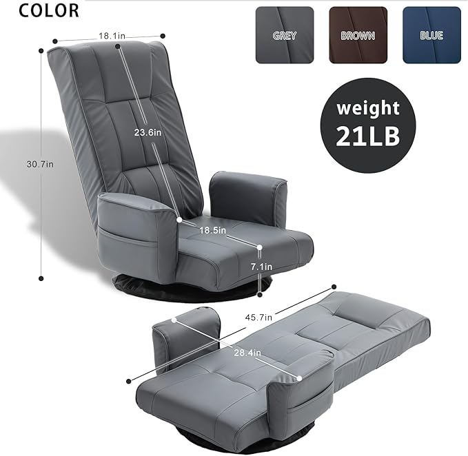 360 Degree Swivel Floor Chairs for Adults Faux Leather Gaming Floor Chair with Back Support 14 Angles Adjustable Comfortable Floor Lounge Chair Folding Video Game Chairs Office Bedroom