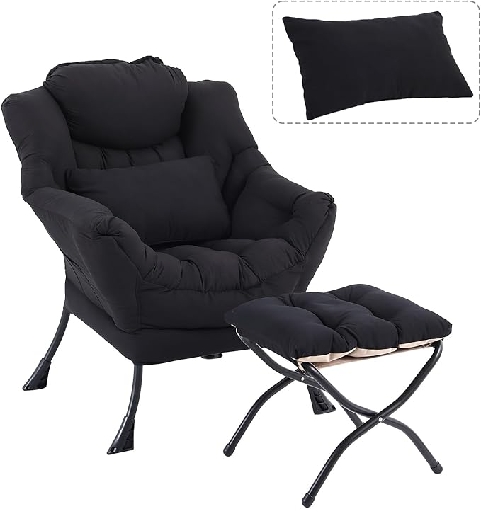 Lazy Chair with Ottoman Modern Accent Chair with Lumbar Pillow Black Sofa Armchairs with Folding Footrest Oversized Supportive Chairs for Bedroom Reading