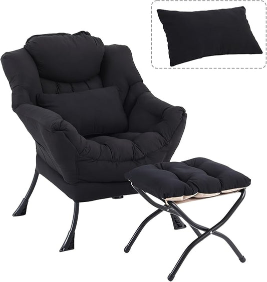 Lazy Chair with Ottoman Modern Accent Chair with Lumbar Pillow Black Sofa Armchairs with Folding Footrest Oversized Supportive Chairs for Bedroom Reading