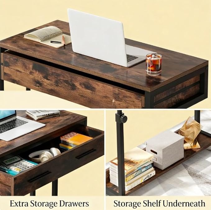 Height Adjustable Rolling Office Table with Storage Drawer - Compact Mobile Desk for Home Office Small Spaces and Bedside Use Sturdy Space-Saving Design