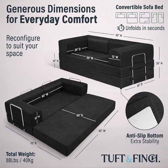 TUFT&ampFINCH 82 Folding Convertible Sofa Bed – 5 in 1 Modular Corduroy Boneless Couch for Living Room Pet-Friendly Cloud Couch Removable Washable Covers CertiPUR US Foam - Black