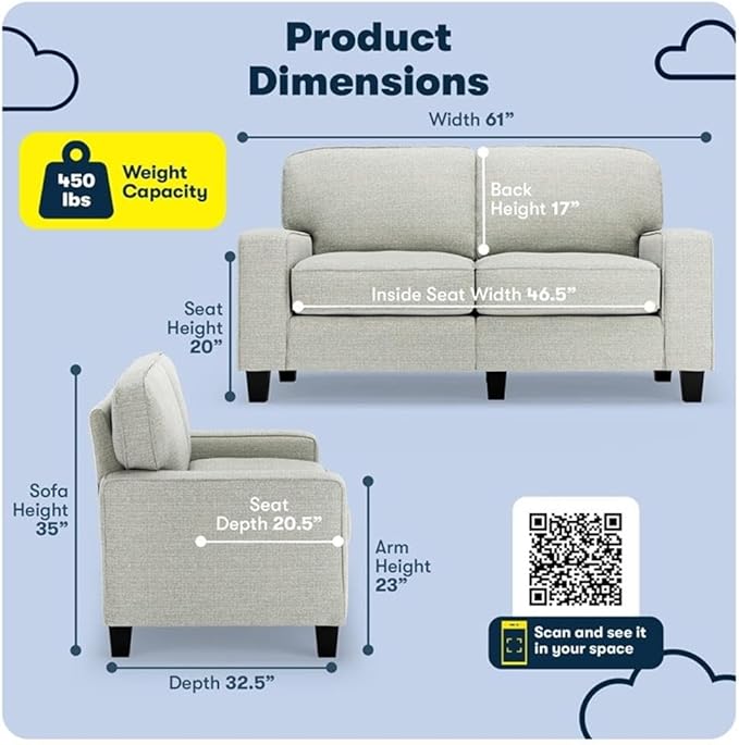 Pemberly Row 61 Track Arm Sofa Loveseat Pebble Gray Removable Covers Anti-Pilling Polyester Upholstery Compact Space-Saving Design Solid Wood Frame Modern Classic for Living Room or Home Office
