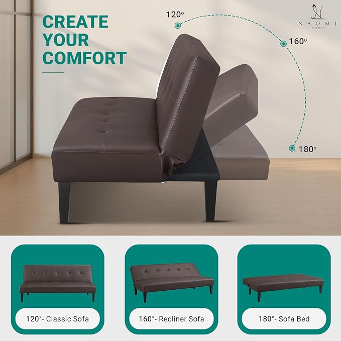 Naomi Home Button Tufted Futon Sofa Bed Espresso Faux Leather 3-Position Convertible Space-Saving 66.1 W