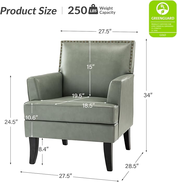 HULALA HOME Modern Faux Leather Accent Chair Comfy Upholstered Sofa Chair with Nailhead Trim Living Room Bedroom Armchair with Wood Legs Sage