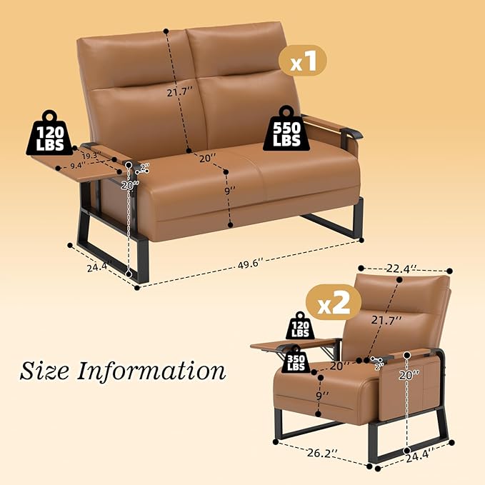 Faux Leather Sectional Couches for Living Room 3 Piece Loveseat and Chair Set with Flip Up Tray Tables Side Pockets Modern Modular Sectional Sofa for Office 2-Seat+1-Seat+1-Seat Brown