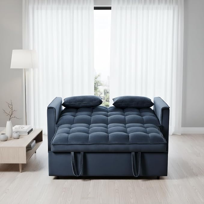 Modern Velvet Sofa Bed with 3-Level Adjustable Backrest &amp Included Pillows Pull Out Convertible Sleeper Chair with High Density Foam for Small Spaces (Black)