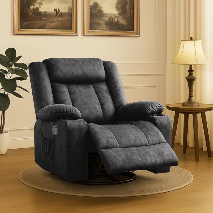 COMHOMA Recliner Chair360°Swivel Rocker Recliners with Cup Holders&ampSide PocketsManual Reclining Single SofaFabric Upholstered Lounge Chairs for Living RoomGray