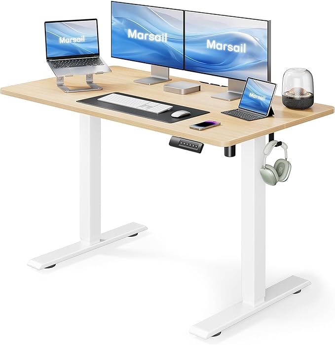 Marsail Standing Desk Adjustable Height Stand up Home Office Desk‎ 48x24 Inch Electric Standing Computer Desk with 4 Memory Presets Headphone Hook Cable Organizer Maple