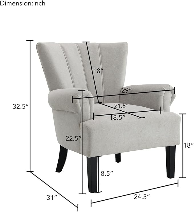 Modern Accent Living Room ChairsPolyester Armchair Club Chair with Channel Back Accent Chair for Living Room Bedroom Reading Room Soft Fabric Wooden Leg (Light Grey)