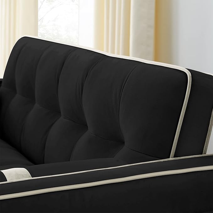 3 in 1 Sleeper Sofa Couch Bed Small Tufted Velvet Convertible Loveseat Futon Sofa w/Pullout Bed Adjustable Backrest Cylinder Pillows for Living Room Apartment Easy to Assemble Black 55.5