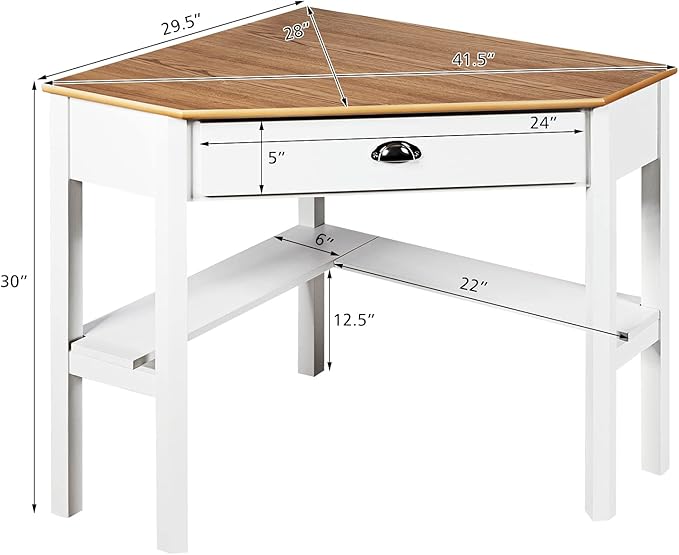 KOTEK Corner Desk with Drawer and Shelves Wooden Home Office Desk Triangle Computer Desk Writing Study Desk Computer Workstation Makeup Vanity Table (Natural &amp White)