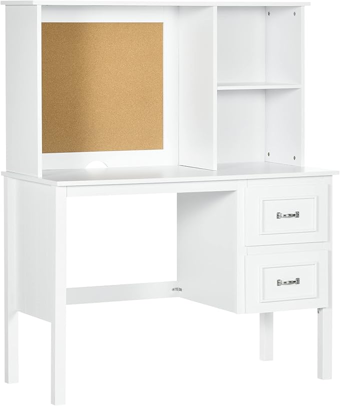 Computer Desk with Drawers Shelves Home Office Desk with Storage Corkboard Workstation Table with Cable Hole White