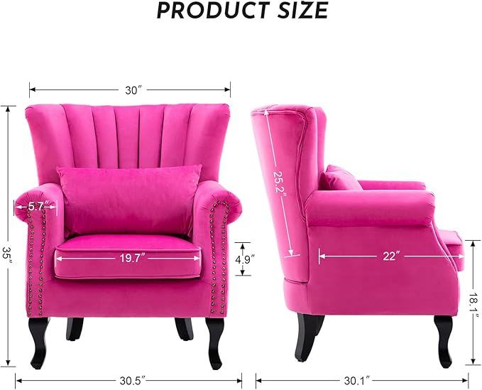Accent Reading Arm Chairs Midcentury Modern Comfy Corner Sofa Chair Wingback Waiting Room Club Chair with Tufted Back for Living Room/Bedroom/Reception Room Velvet Rose