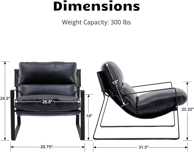 HEAH-YO Modern Accent Chair Set of 1 PU Faux Leather Living Room Chair with Removable Cushion and Solid Metal Frame Comfy Reading Chair for Bedroom Black